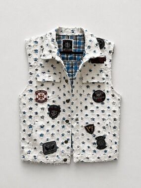 Imperious Biker, Motorcycle White Star-Print Patchwork Denim Vest